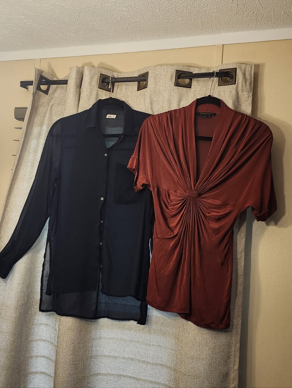 Lot Of 2 LousesBCBGMaxAzria Black Sheer Button-Down & Rust Knot-Front Blouse Duo